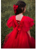 V Neck Red Pleated Tulle Corset Back Flower Girl Dress